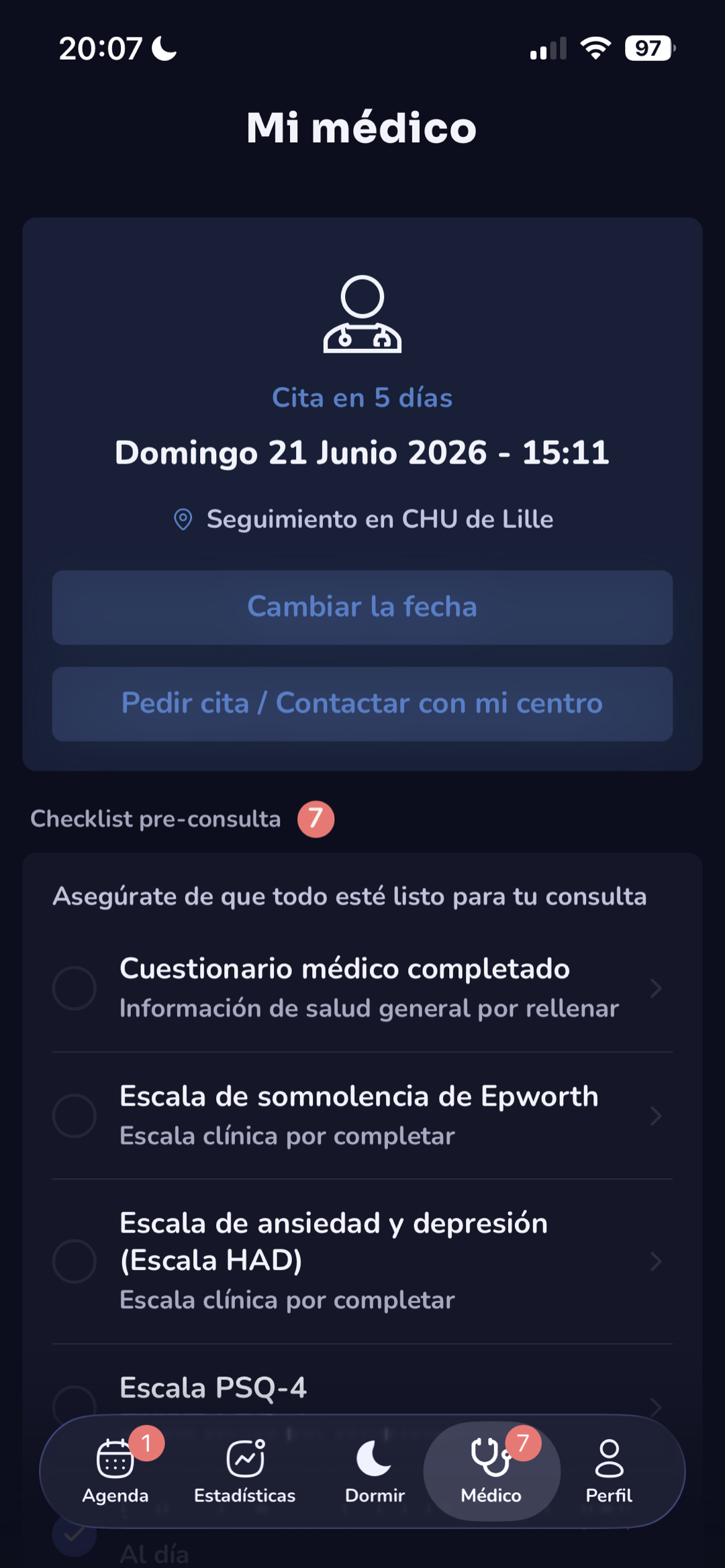 Pantalla de preparación de la cita médica