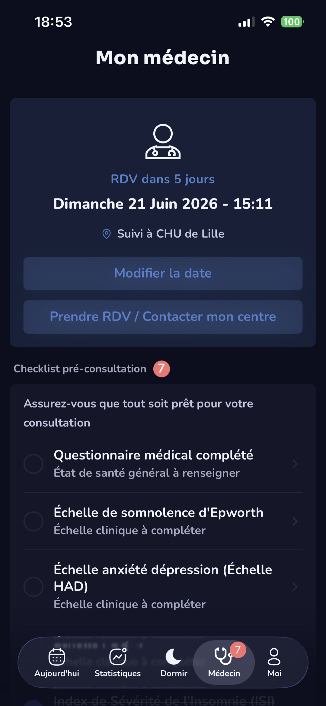Écran de préparation du rendez-vous dans l'application
