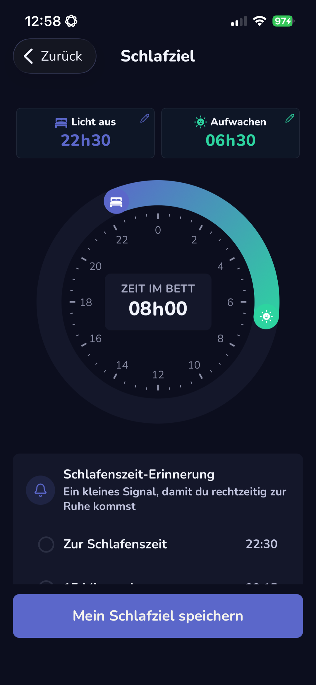 Schlafziel-Bildschirm mit Schlafenszeit-Erinnerung