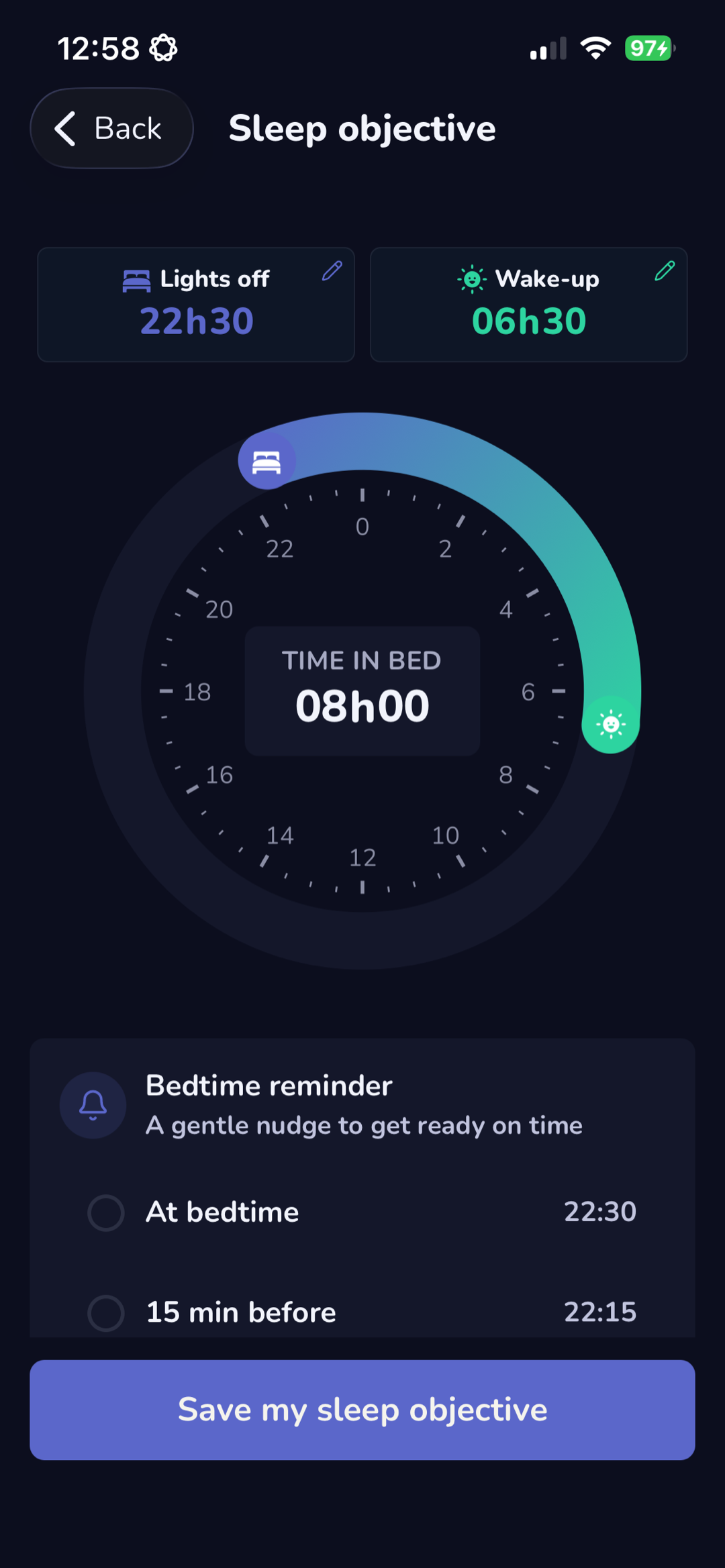 Sleep objective screen with bedtime reminder