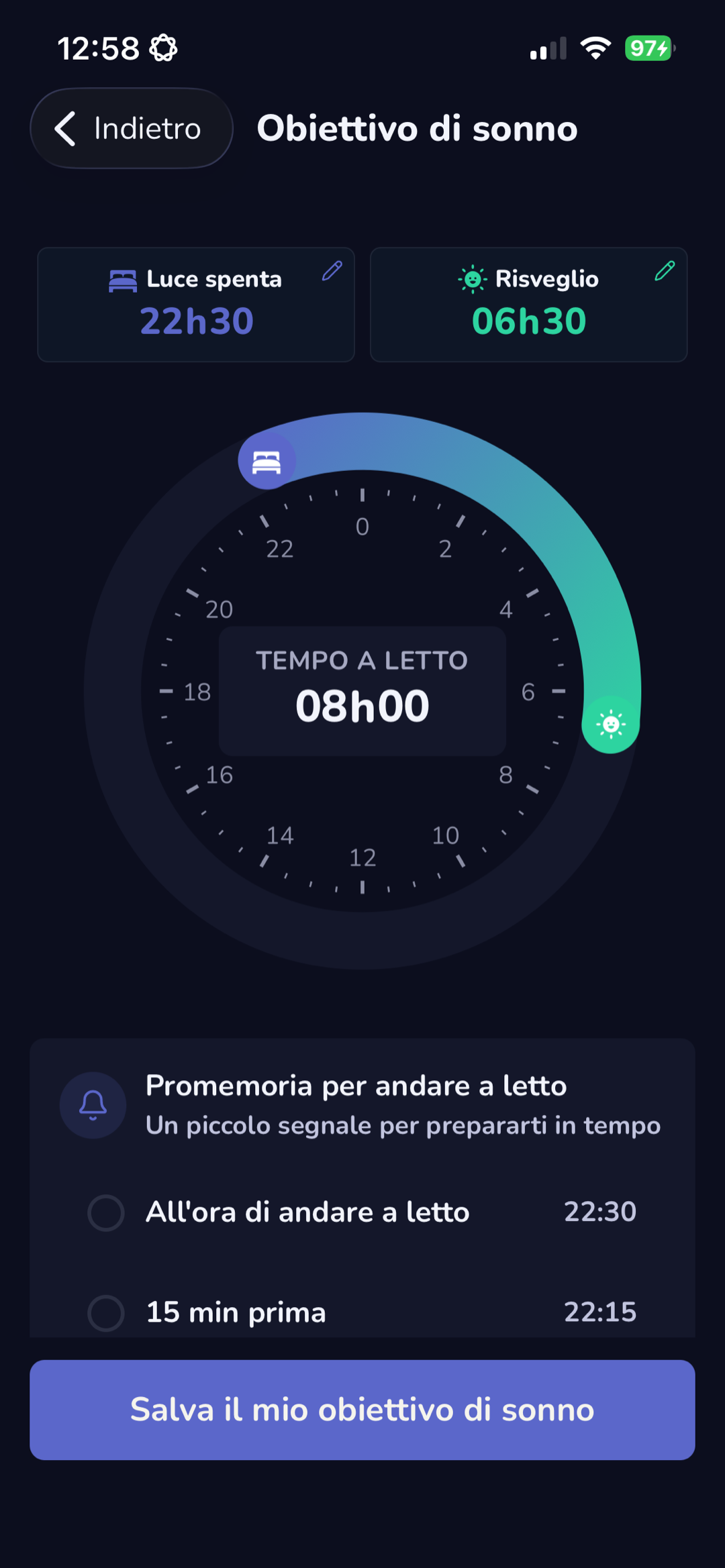 Schermata dell’obiettivo di sonno con promemoria per andare a letto