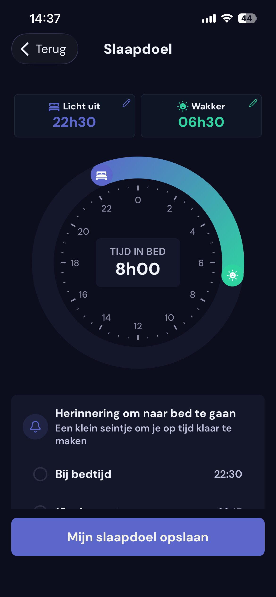 Slaapdoelscherm met bedtijdherinnering