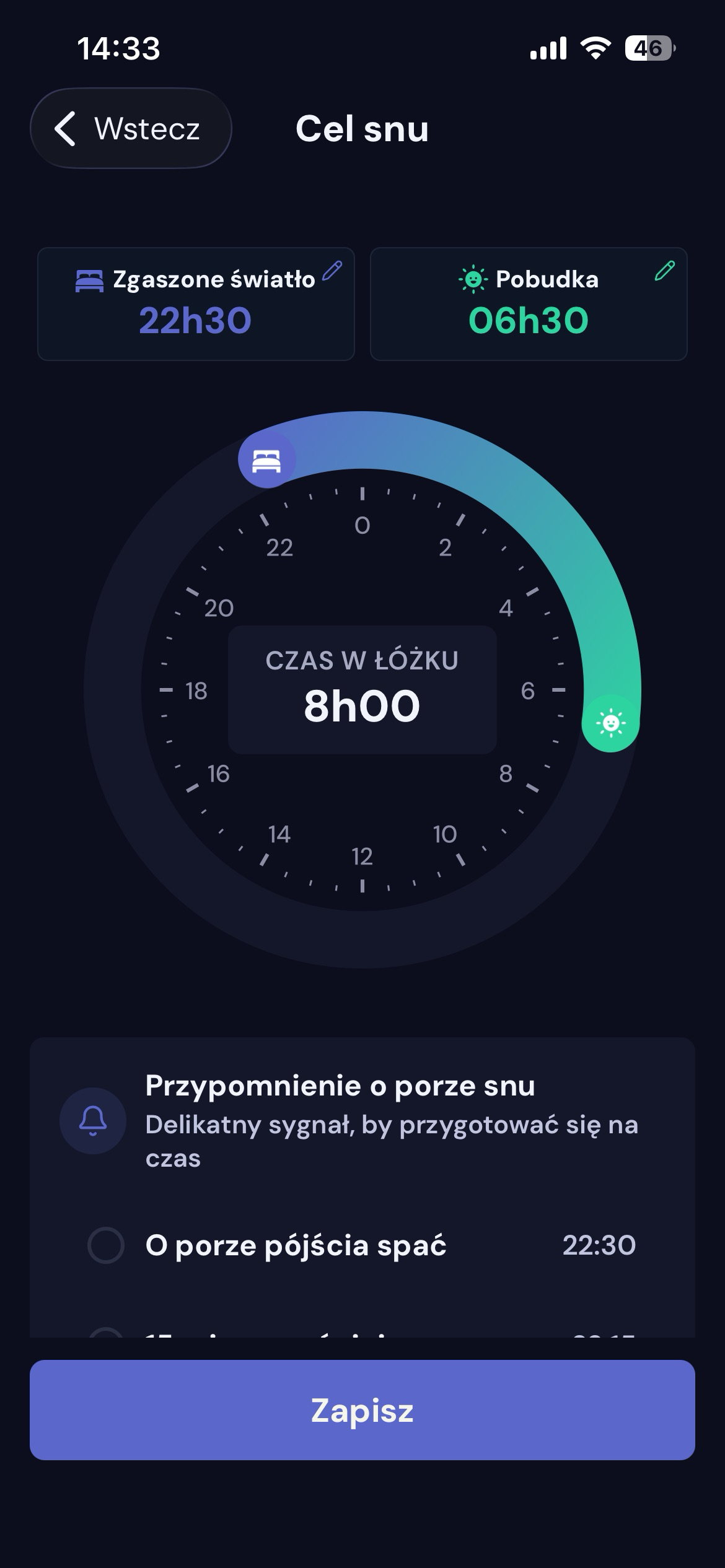 Ekran celu snu z przypomnieniem o porze snu