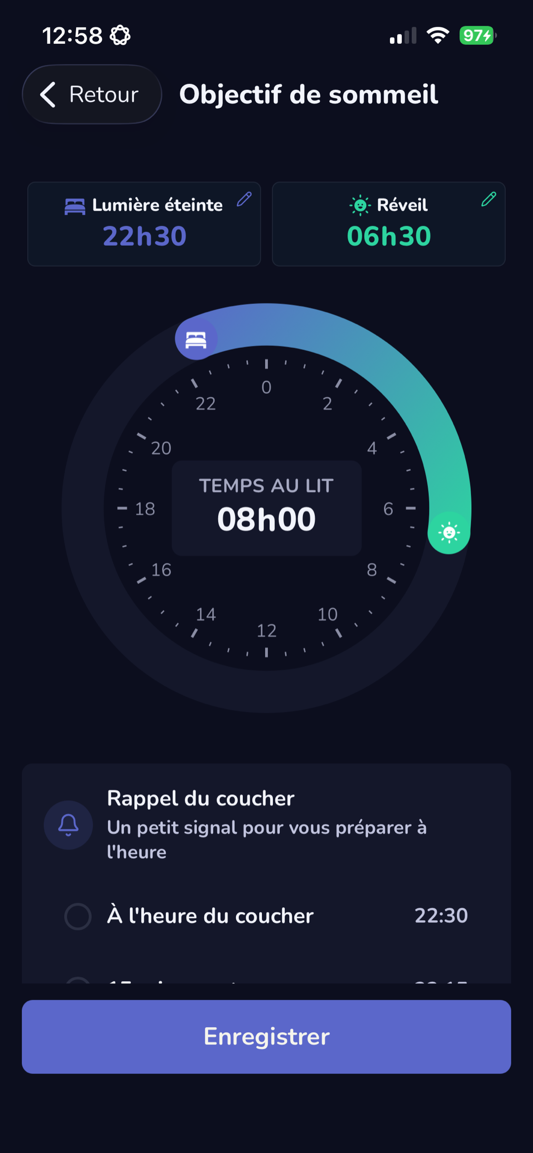 Écran d’objectif de sommeil avec rappel du coucher