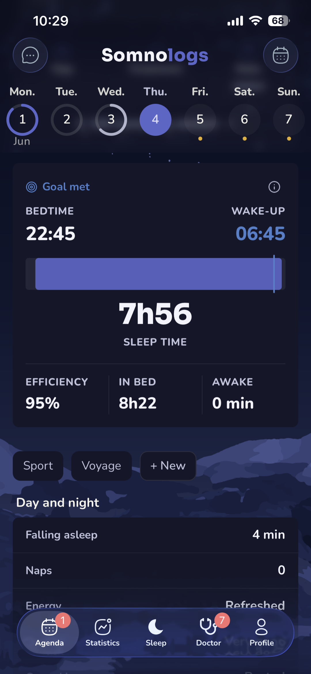 Home screen of the Somnologs app