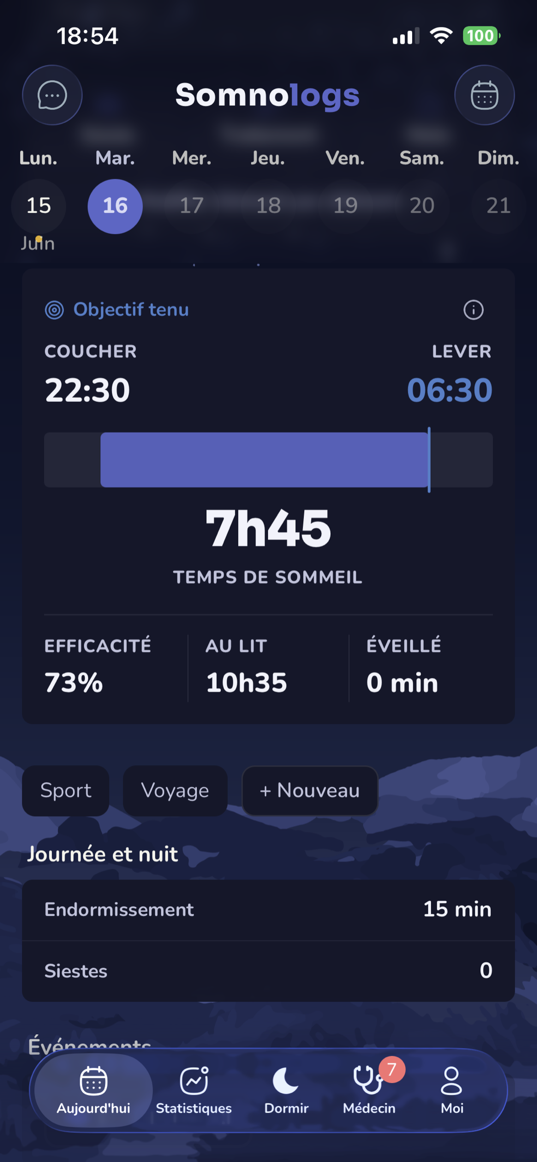Écran d'accueil de l'application Somnologs