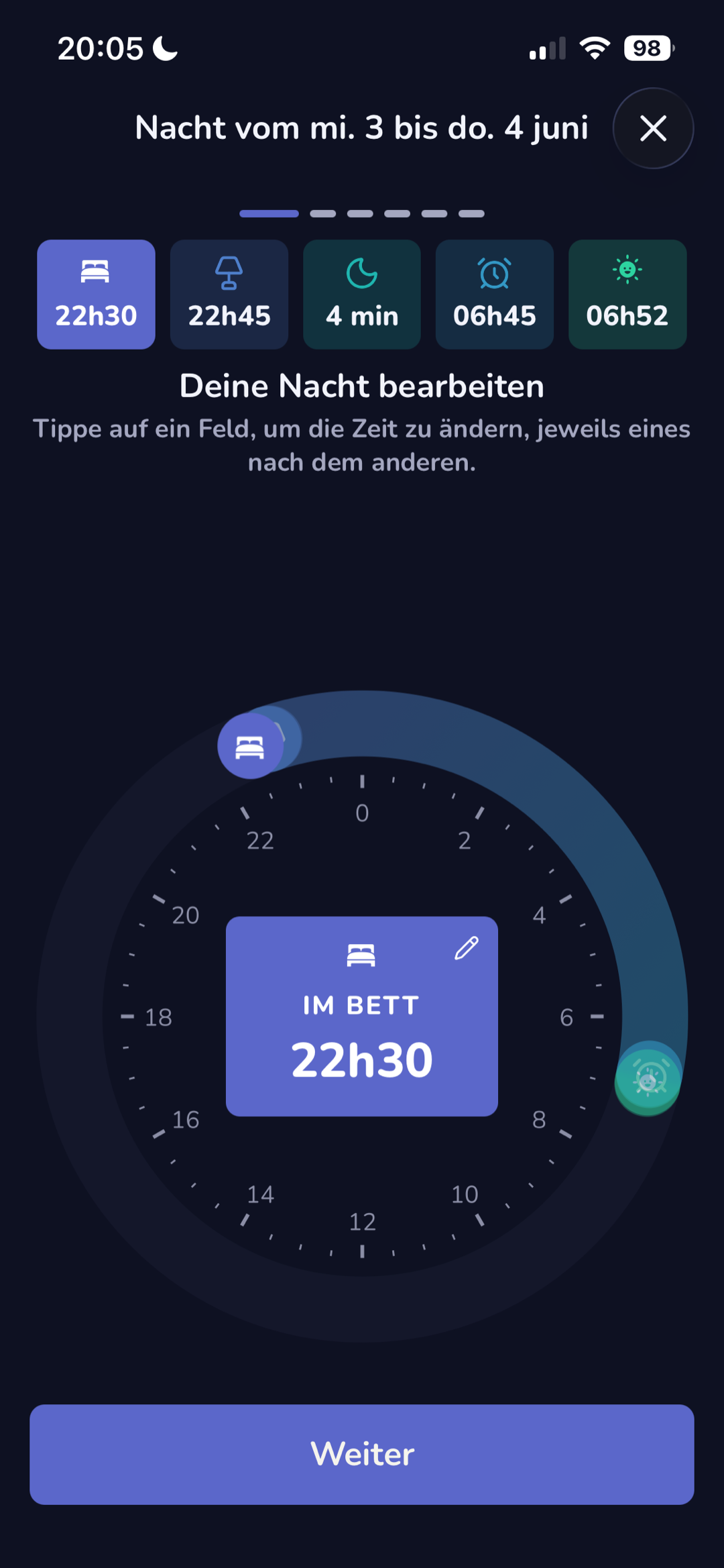 Eingabe der Nacht mit einem Zeit-Zifferblatt