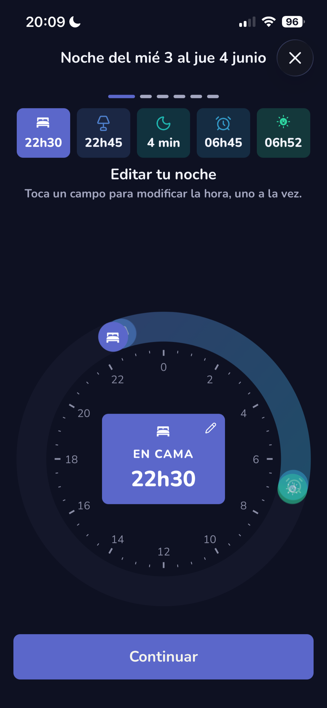 Registro de la noche con una esfera horaria