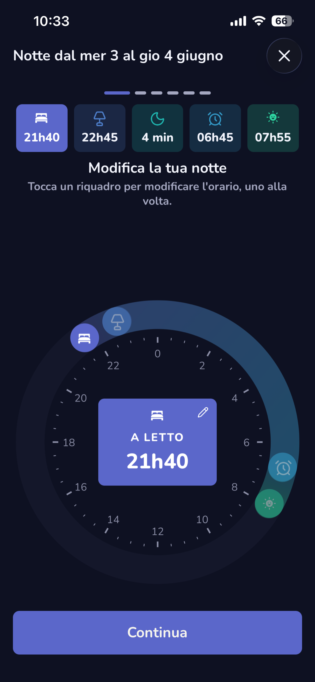 Inserimento della notte con un quadrante orario